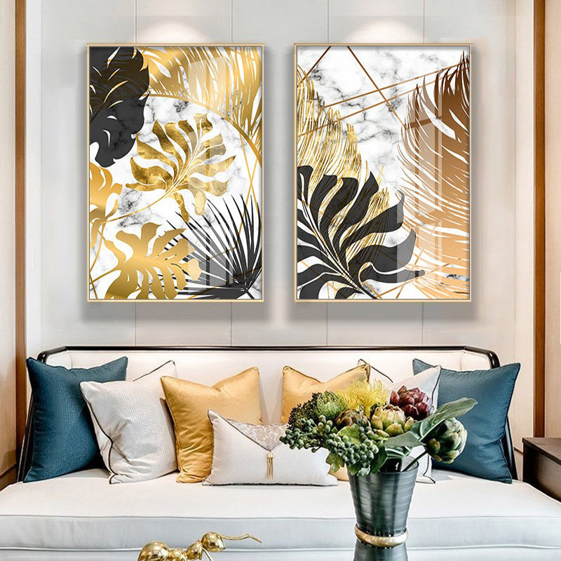 Tropical Gold Wall Art - Pictures of Golden Tropical Leaves & Exotic Botany Art for Luxury Living Room Decor