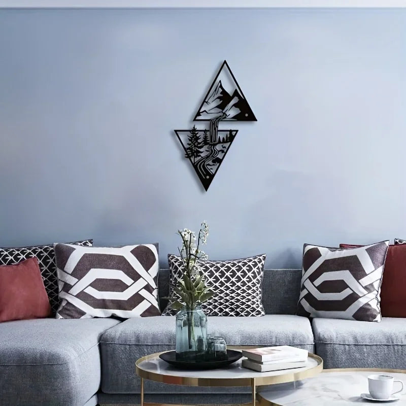 3D Wild Mountain River Wall Plaque Black Metal Wall Art Iron Craft Wall Decoration For Living Room Dining Room Creative Nordic Home Decor