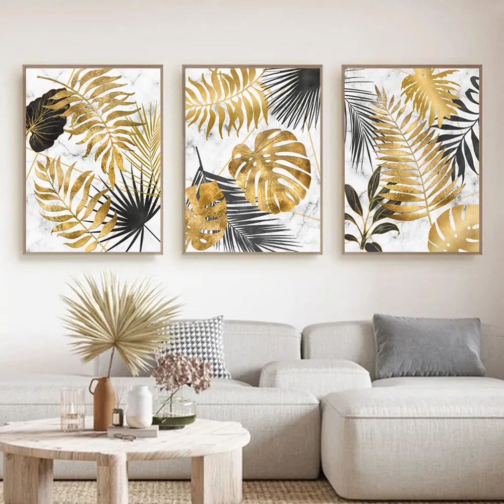 Featured Sale * Modern Botanical Golden Tropical Leaves Wall Art Fin –