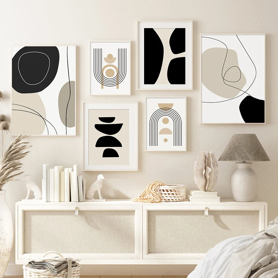 Modern Abstract Wall Art Geometric Line Shape And Form Fine Art Canvas Prints Black Beige Terracotta Pictures For Living Room Decor