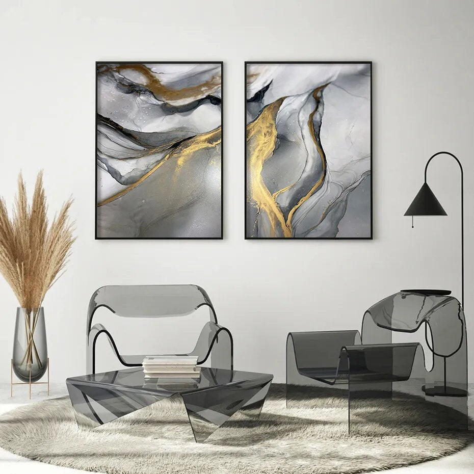 Modern Abstract Black Gray Golden Liquid Marble Print Wall Art Fine Art Canvas Prints For Modern Apartment Living Room Home Office Decor