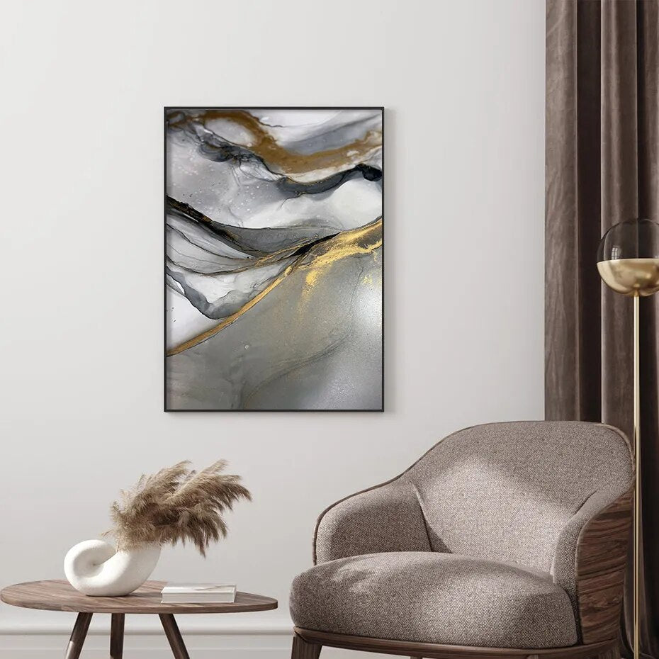 Modern Abstract Black Gray Golden Liquid Marble Print Wall Art Fine Art Canvas Prints For Modern Apartment Living Room Home Office Decor