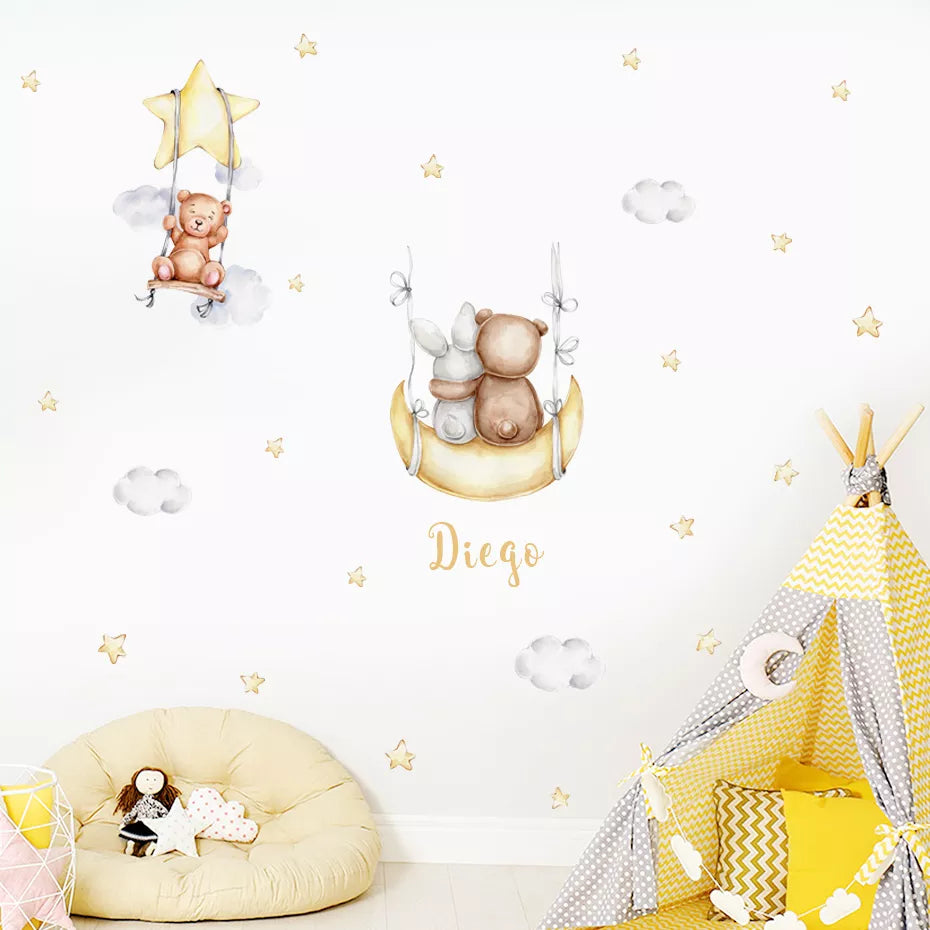 Personalized Bear Balloons Baby's Name Wall Decals For Nursery Room Removable Peel & Stick PVC Wall Stickers For Creative DIY Home Decor