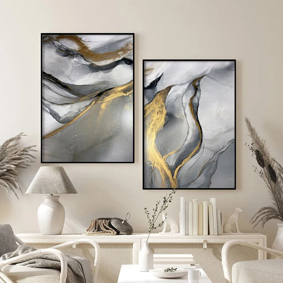 Modern Abstract Black Gray Golden Liquid Marble Print Wall Art Fine Art Canvas Prints For Modern Apartment Living Room Home Office Decor