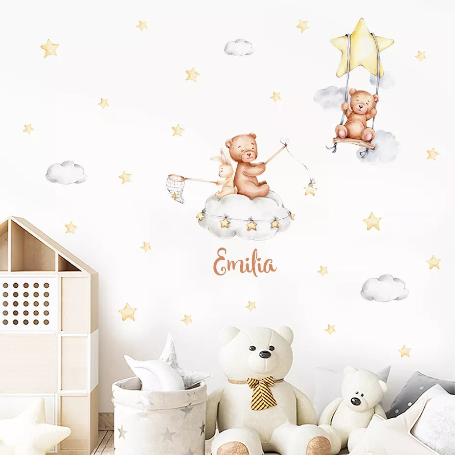 Personalized Bear Balloons Baby's Name Wall Decals For Nursery Room Removable Peel & Stick PVC Wall Stickers For Creative DIY Home Decor