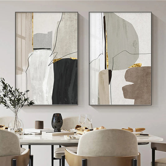 Abstract Black White Canvas Prints Paintings Modern Golden Geometric Line Posters Wall Art Pictures for Living Room Office Decor