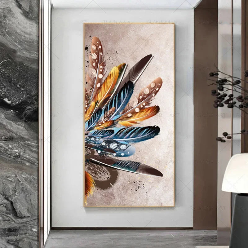 Abstract Beige Golden Brown Feathers Wall Art Fine Art Canvas Prints Picture For Luxury Home Living Room Elegant Entrance Hallway Art Decor