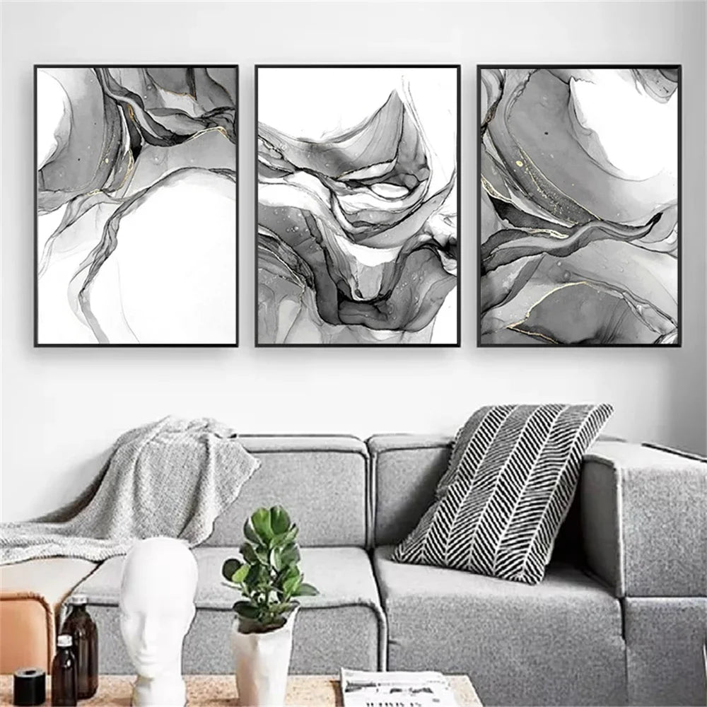 Abstract Black White Liquid Marble Poster Wall Art Fine Art Canvas Prints Modern Minimalist Pictures For Living Room Dining Room Home and Office Decor