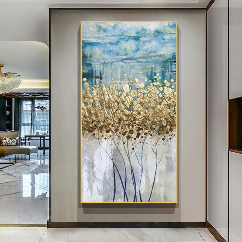 money tree wall decor Abstract Blue Golden Money Tree Wall Art Auspicious Pictures For Modern Apartment