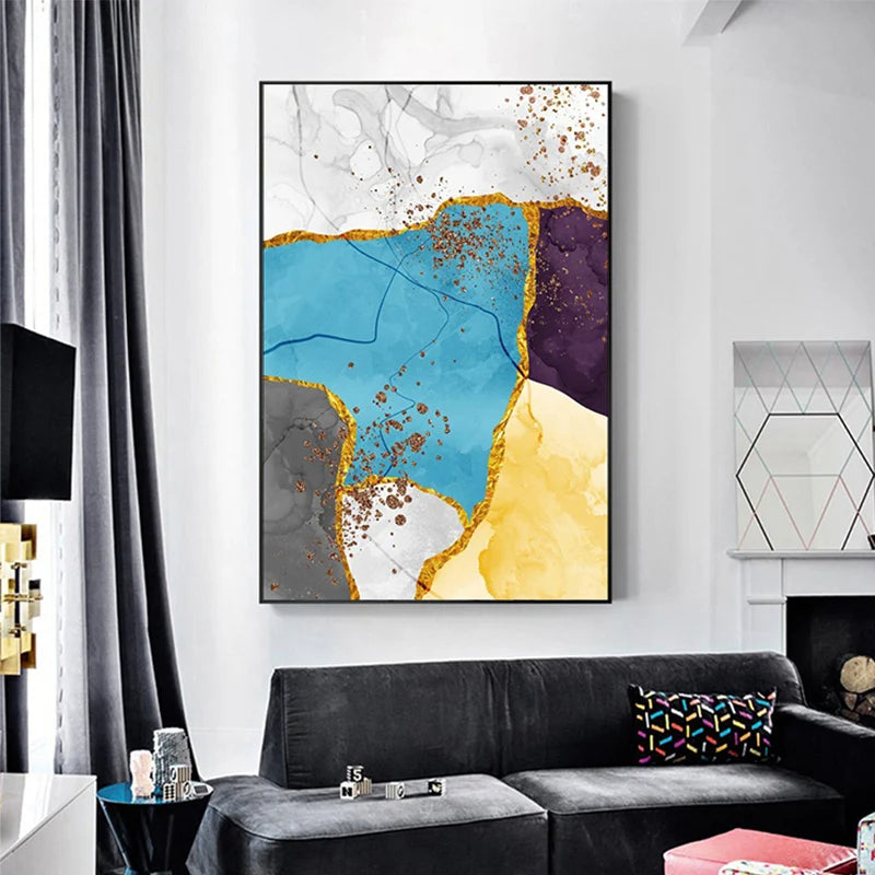 Abstract Blue Yellow Gray Marble Print Wall Art Fine Art Canvas Prints Pictures For Modern Apartment Living Room Home Office Art Decor