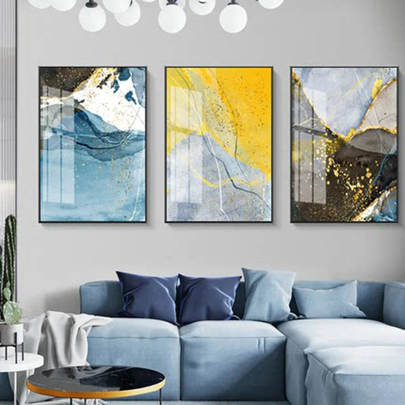 Abstract Blue Yellow Gray Marble Print Wall Art Fine Art Canvas Prints Pictures For Modern Apartment Living Room Home Office Art Decor