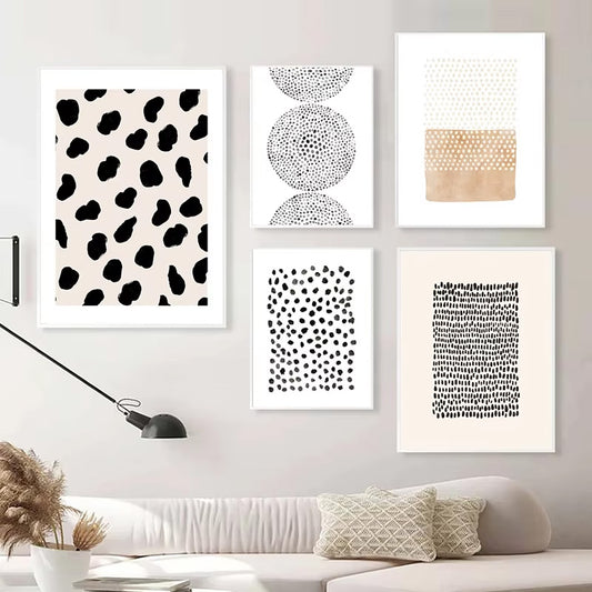 Abstract Minimalist Scandinavian Dot Art Wall Art Fine Art Canvas Prints Shades Of Beige Black Brown Neutral Color Pictures For Modern Living Room Home Decor