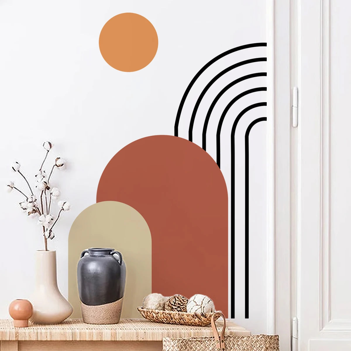 Abstract Rainbow Sun Arch Wall Mural - Orange Beige & Terracotta Vinyl Wall Decal For Living Room, Entranceway, Creative Peel & Stick DIY Home Decor