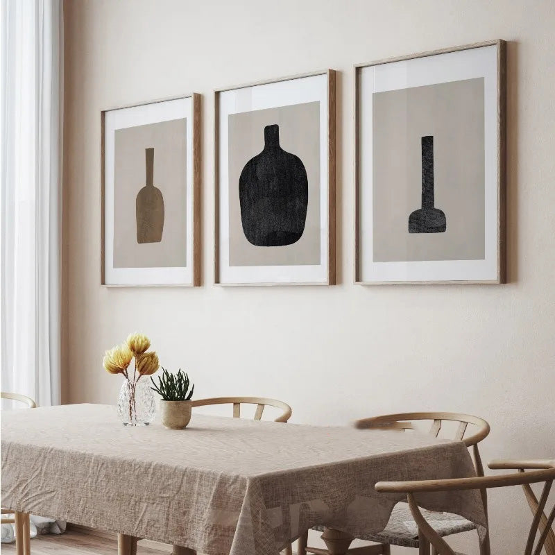 Abstract Still Life Vases Minimalist Wall Art Fine Art Canvas Prints Neutral Tone Black Brown Beige Pictures For Living Room Dining Room Scandinavian Style Home Decor