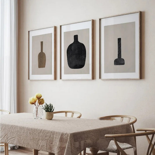 Abstract Still Life Vases Minimalist Wall Art Fine Art Canvas Prints Neutral Tone Black Brown Beige Pictures For Living Room Dining Room Scandinavian Style Home Decor