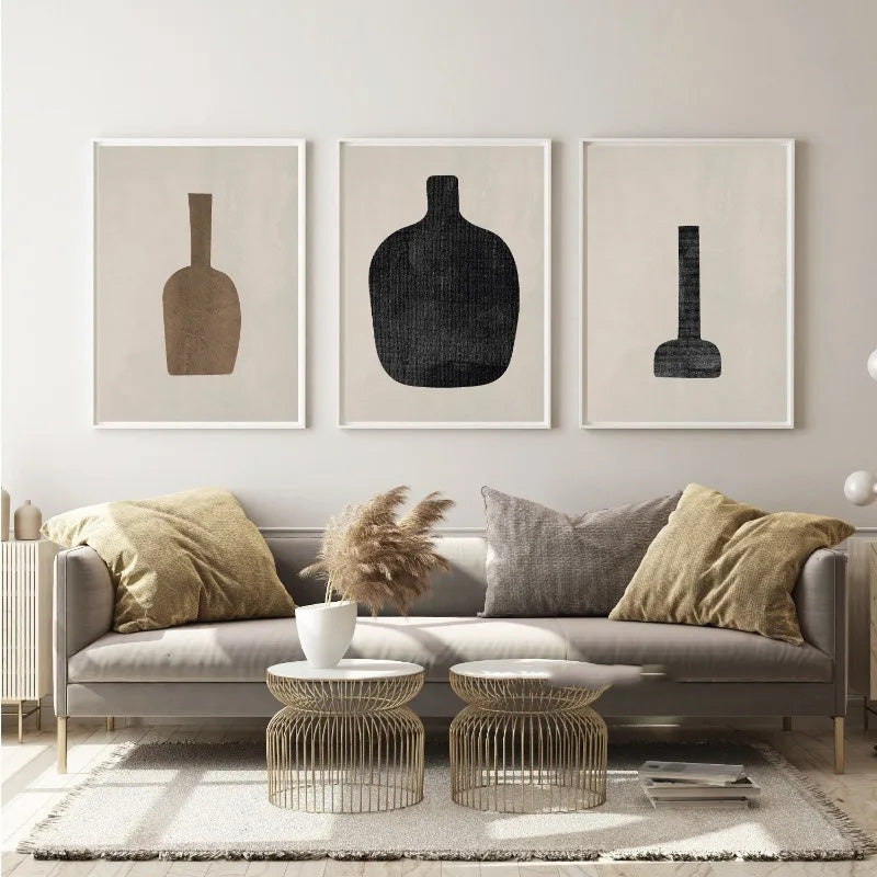 Abstract Still Life Vases Minimalist Wall Art Fine Art Canvas Prints Neutral Tone Black Brown Beige Pictures For Living Room Dining Room Scandinavian Style Home Decor