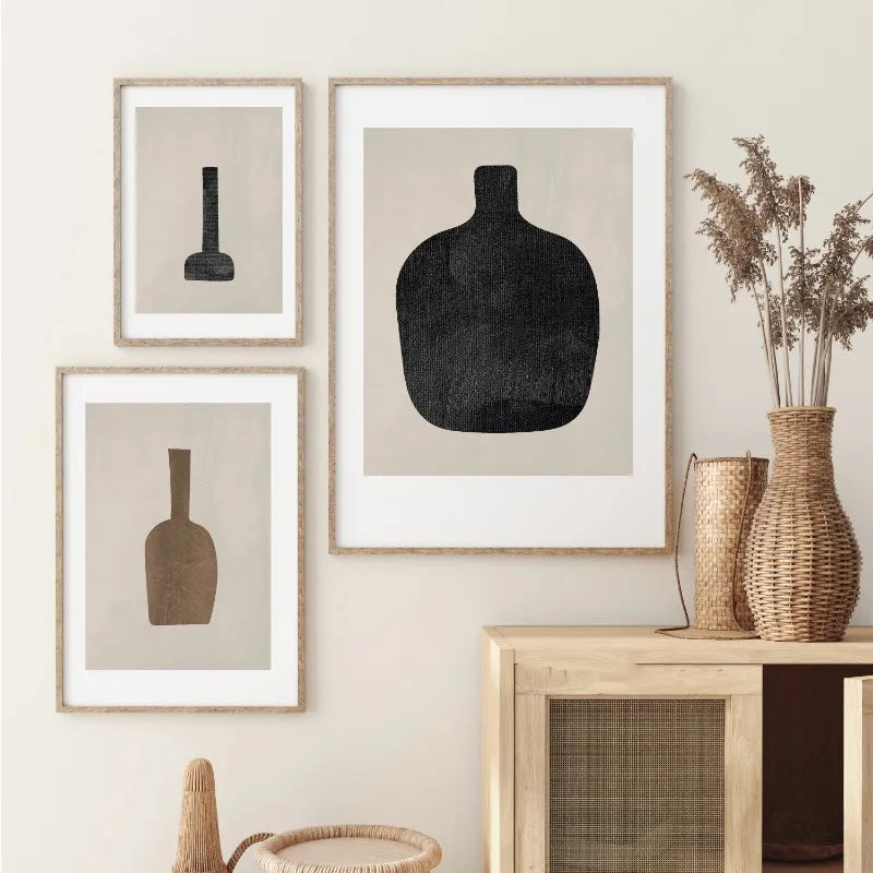Abstract Still Life Vases Minimalist Wall Art Fine Art Canvas Prints Neutral Tone Black Brown Beige Pictures For Living Room Dining Room Scandinavian Style Home Decor