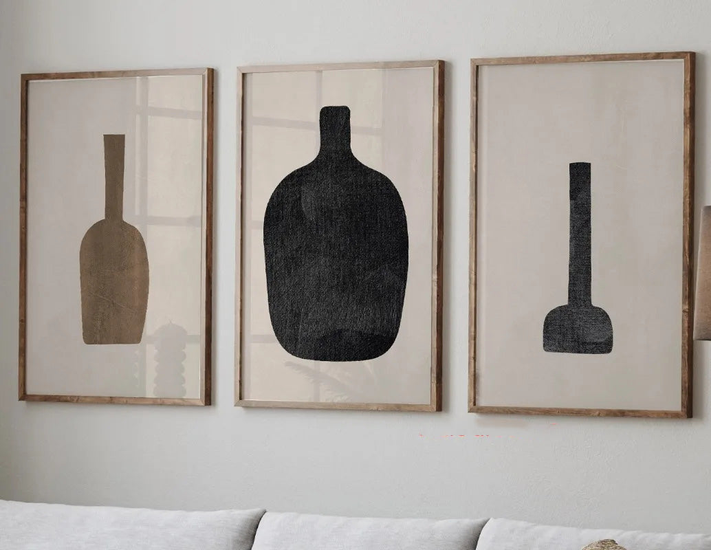 Abstract Still Life Vases Minimalist Wall Art Fine Art Canvas Prints Neutral Tone Black Brown Beige Pictures For Living Room Dining Room Scandinavian Style Home Decor