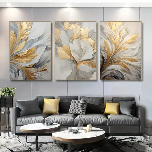 Abstract White Golden Leaves Floral Wall Art Fine Art Canvas Prints Modern Botanical Pictures For Living Room Dining Room Bedroom Art Decor