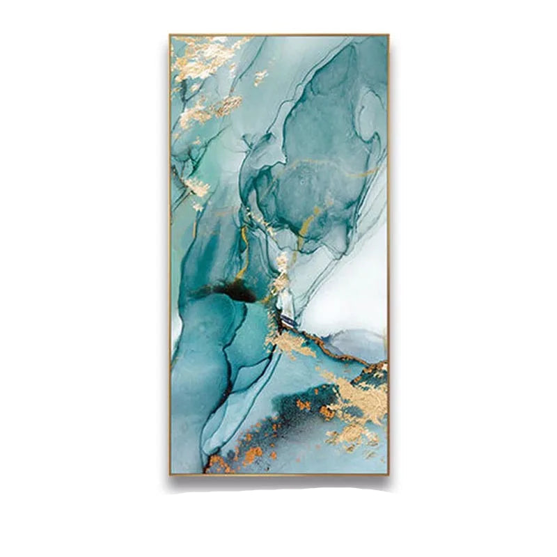 Aqua Green Golden Liquid Marble Print Wall Art Fine Art Canvas Print Pictures For Luxury Apartment Living Room Modern Foyer Art Decor