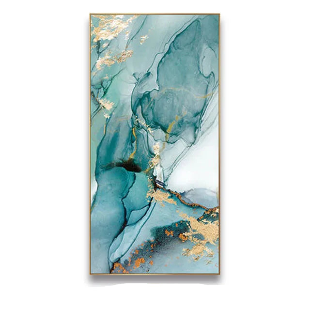 Aqua Green Golden Liquid Marble Print Wall Art Fine Art Canvas Print Pictures For Luxury Apartment Living Room Modern Foyer Art Decor