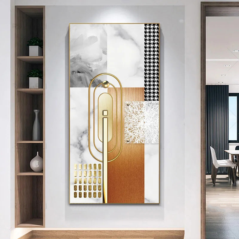 Auspicious Golden Deer Abstract Geometrical Landscape Wall Art Vertical Format Pictures For Entrance Hallway Home Office Decor