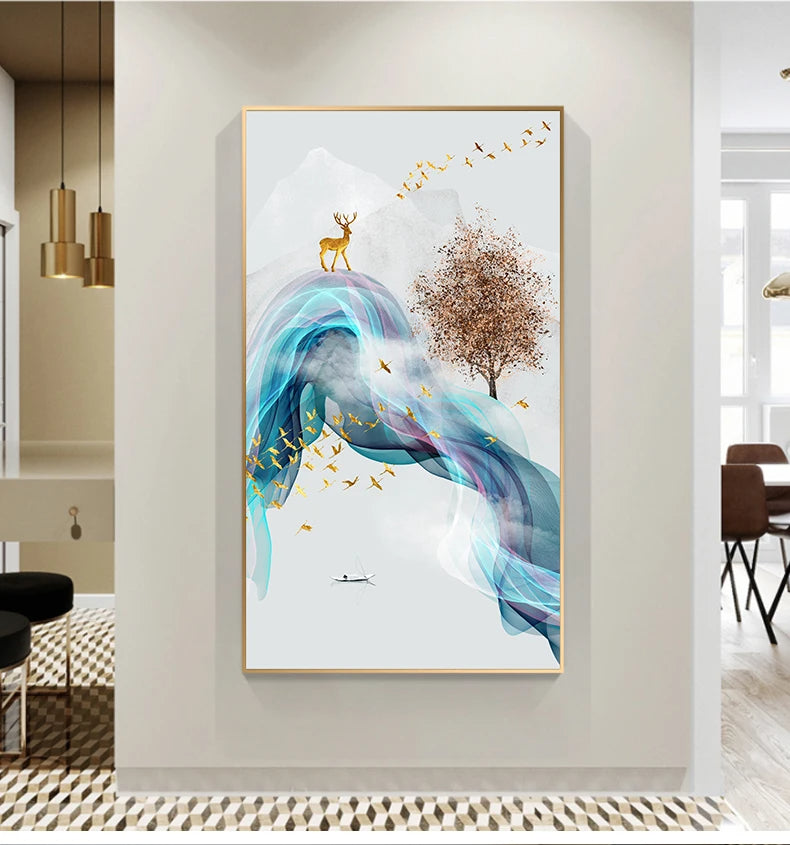 Auspicious Golden Deer Flowing Abstract Landscape Wall Art Fine Art Canvas Prints Inspirational Pictures For Living Room Dining Room Art Decor