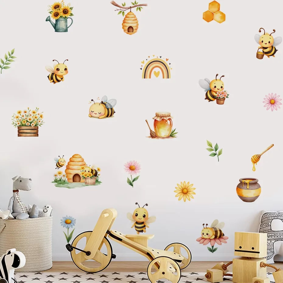 Children's room with bee-themed wall stickers and toys.