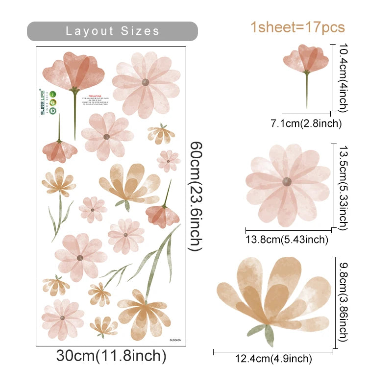 Floral wall sticker layout with dimensions and quantity information on a white background