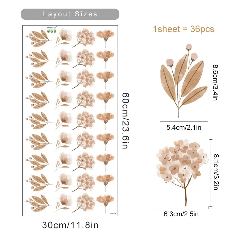 Sheet of floral stickers with dimensions and quantity information.