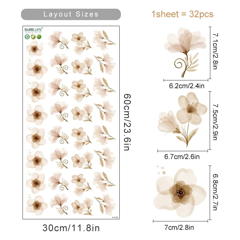 Floral sticker sheet with dimensions and layout sizes on a white background