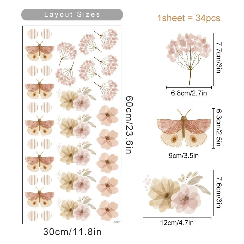 Sheet of butterfly and flower stickers with dimensions and layout sizes.