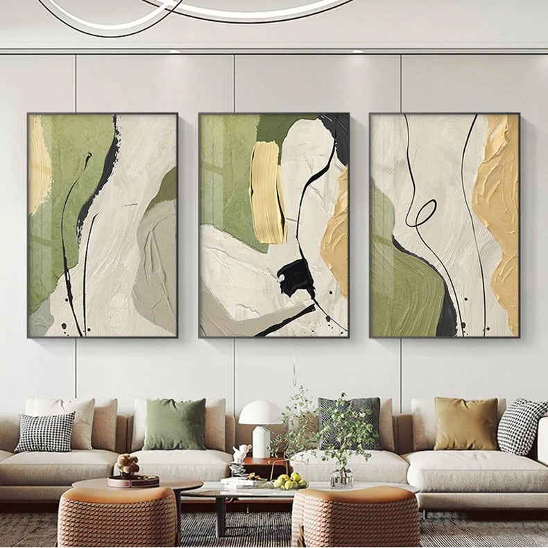 Beige Green Abstract Geomorphic Wall Art Fine Art Canvas Prints Neutral Colors Pictures For Modern Living Room Dining Room Home Office Decor