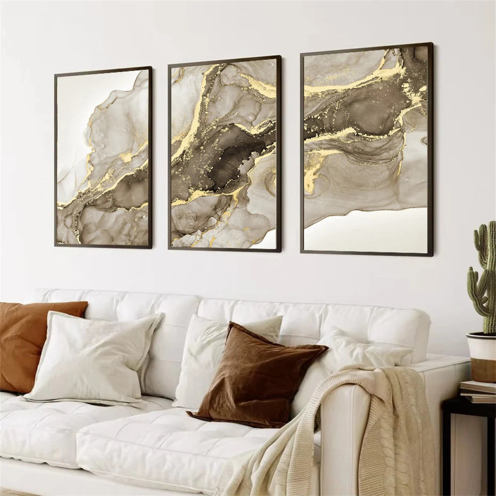 Beige Golden Flowing Liquid Marble Print Wall Art Fine Art Canvas Prints Chic Pictures For Modern Apartment Living Room Trendy Bedroom Art Decor