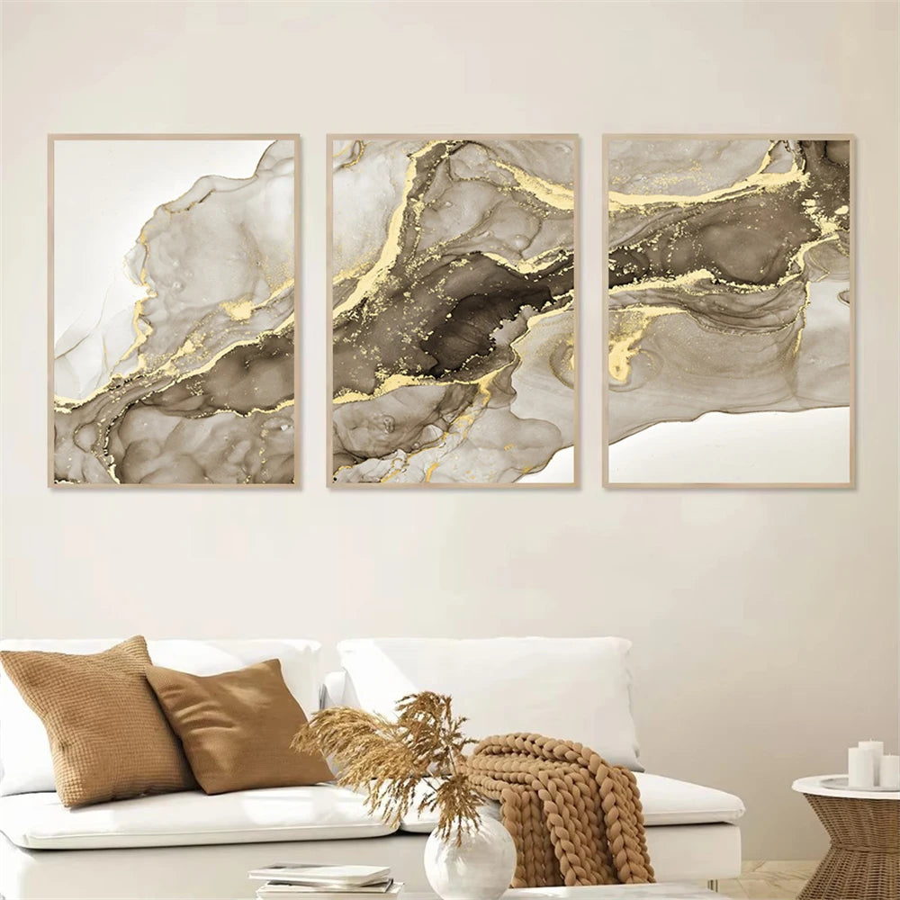 Beige Golden Flowing Liquid Marble Print Wall Art Fine Art Canvas Prints Chic Pictures For Modern Apartment Living Room Trendy Bedroom Art Decor