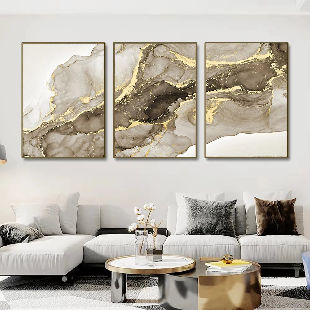 Beige Golden Flowing Liquid Marble Print Wall Art Fine Art Canvas Prints Chic Pictures For Modern Apartment Living Room Trendy Bedroom Art Decor