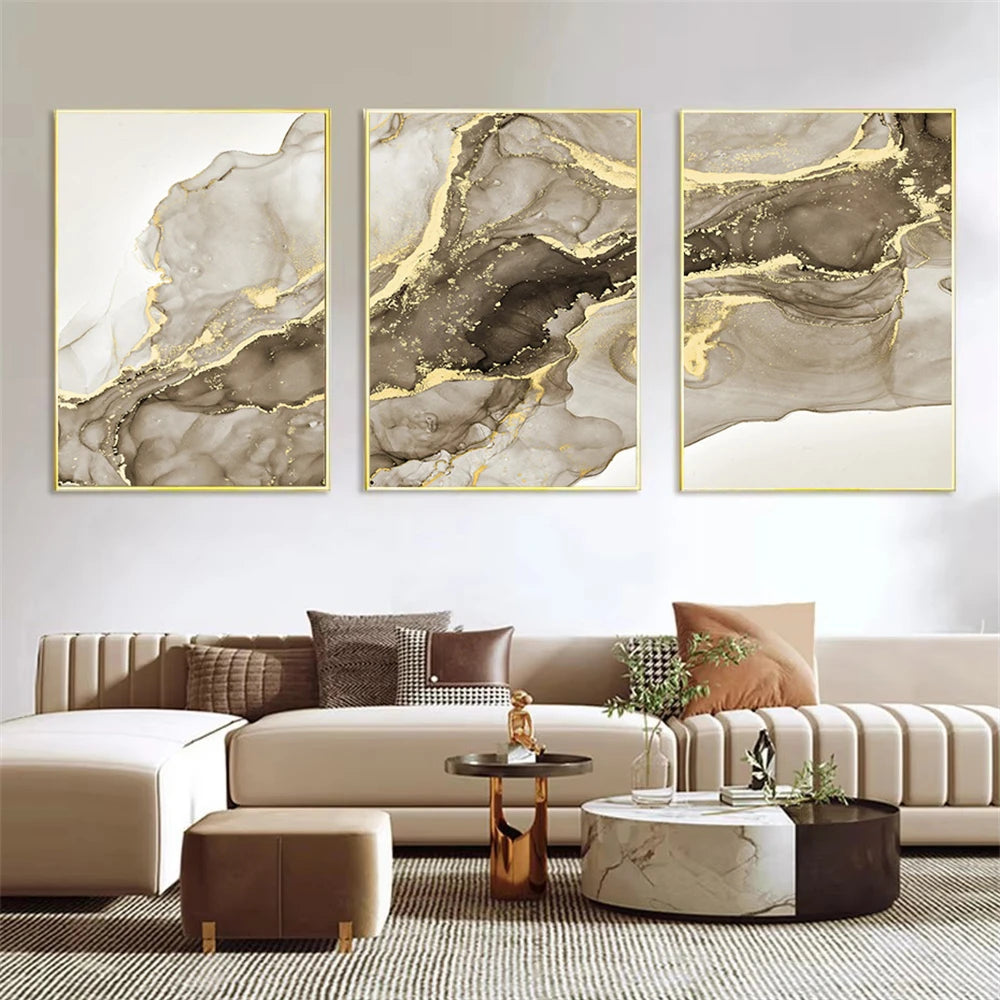 Beige Golden Flowing Liquid Marble Print Wall Art Fine Art Canvas Prints Chic Pictures For Modern Apartment Living Room Trendy Bedroom Art Decor