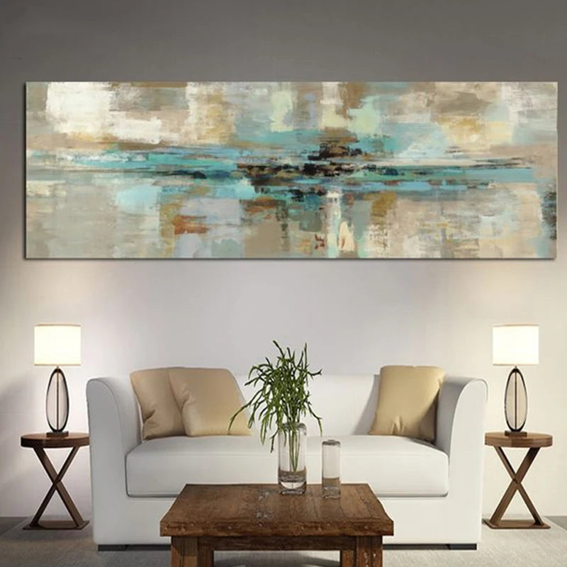 Beige Turquoise Wide Format Abstract Wall Art Fine Art Canvas Print Pictures For Living Room Above The Sofa Art For Above The Bed
