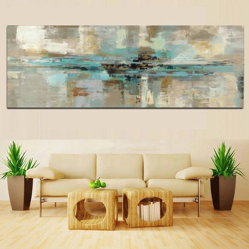 Beige Turquoise Wide Format Abstract Wall Art Fine Art Canvas Print Pictures For Living Room Above The Sofa Art For Above The Bed