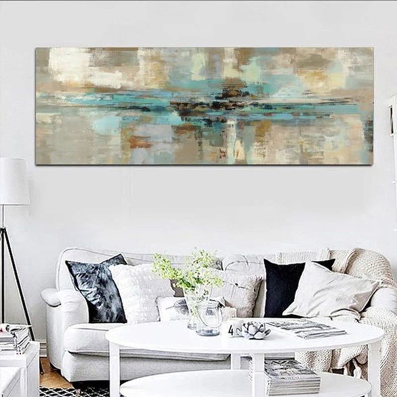 Beige Turquoise Wide Format Abstract Wall Art Fine Art Canvas Print Pictures For Living Room Above The Sofa Art For Above The Bed