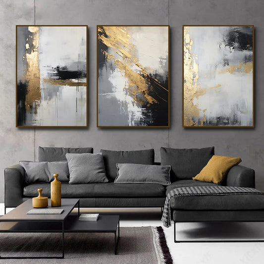Modern living room with a gray sectional sofa, abstract art on the wall, and decorative vases.