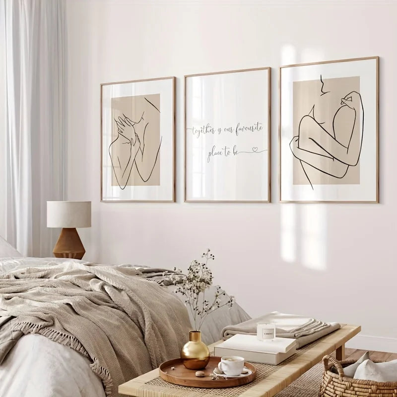 Neatly arranged bedroom with wall art and decor