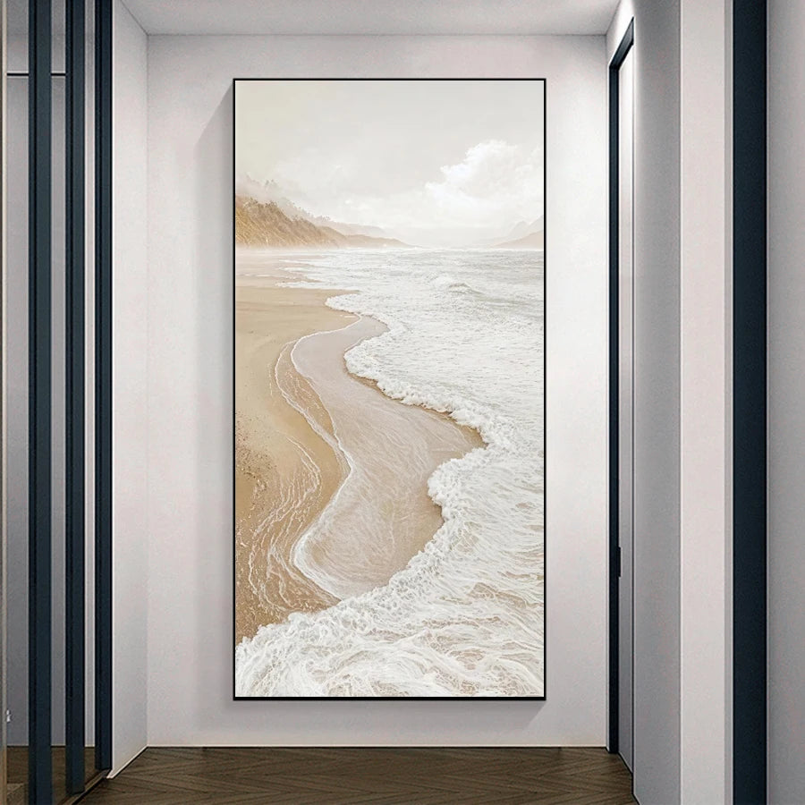 Framed artwork of a beach scene on a wall in a modern interior setting.