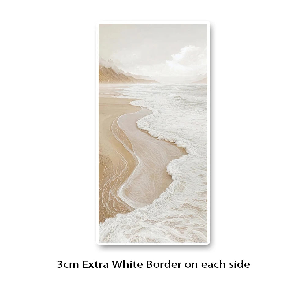 Beach scene with waves and sand, framed with a white border.