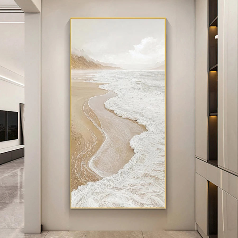 Beach scene painting in a modern interior setting