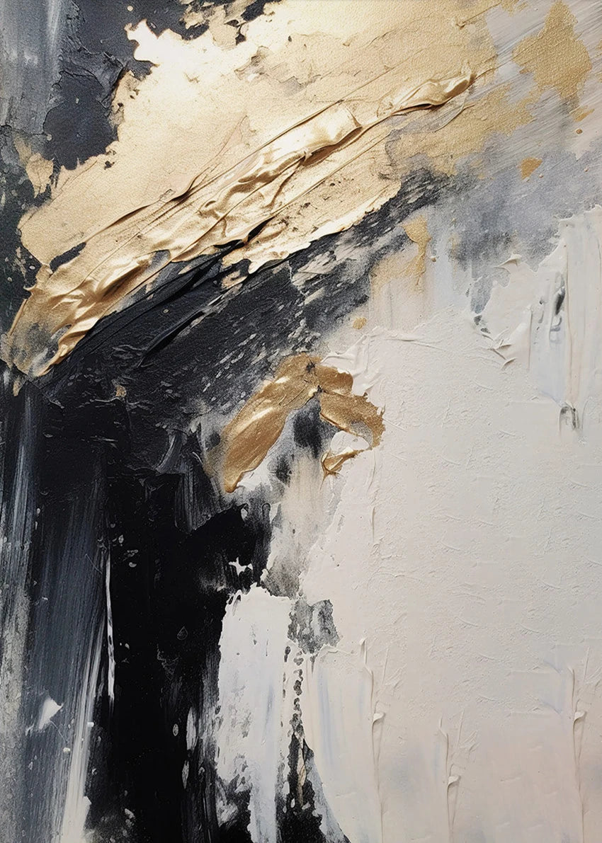 Abstract art piece with gold, black, and white brush strokes on a textured surface.