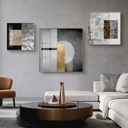 Black Golden Abstract Wall Art Square Format Fine Art Canvas Prints Retro Vintage Textural Designer Pictures For Modern Living Room Decor