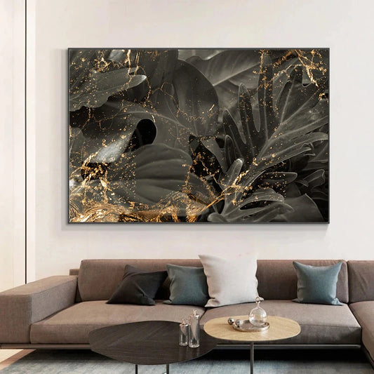 Black Golden Leaves Abstract Wall Art Fine Art Canvas Prints Pictures For Modern Living Room Dining Room Bedroom Art Light Luxury Home Decor