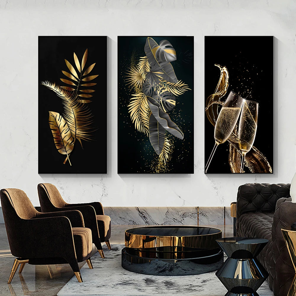 Black Golden Leaves Exotic Abstract Botanical Wall Art Fine Art Canvas Prints Pictures For Living Room Reception Foyer Art For Light Luxury Home Decor