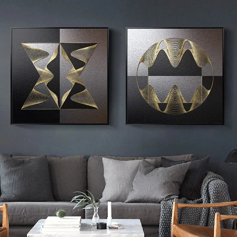 Black Golden Spherical Abstract Geometric Wall Art Fine Art Canvas Prints Modern Aesthetics Square Format Pictures For Living Room Home Office Decor